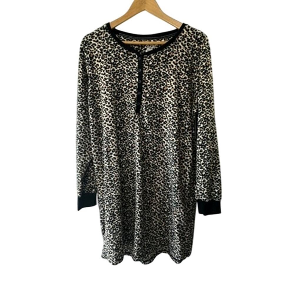 Rene Rofe Leopard Print Long Sleeve Nightgown Sleep Shirt Women's Large New